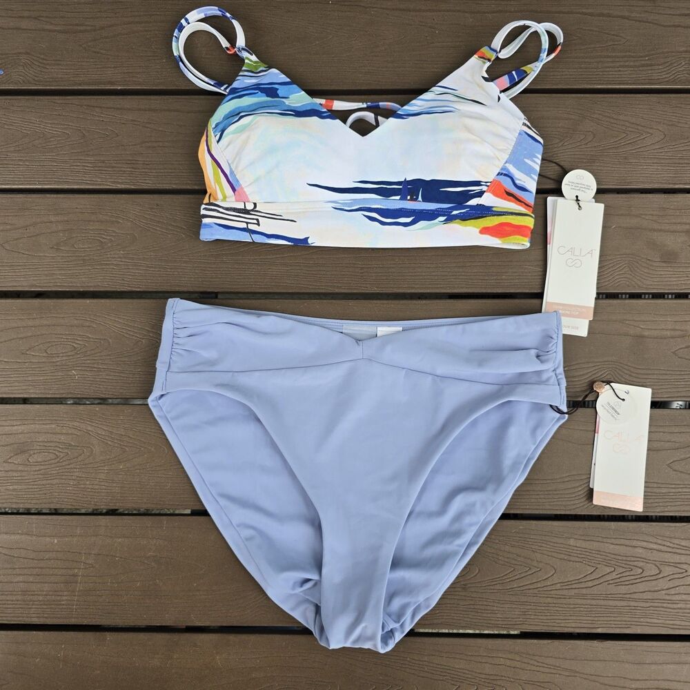 CALIA Women Tahitian Rouched Top & Shirred V Front High Rise Bikini Sz S New